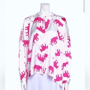 NWT KOCH Bret Silk Button Down Top in Hot Pink Jaguar